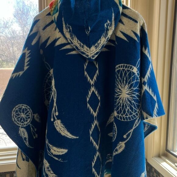 Western Blue Dreamcatcher Patterned Poncho w/ rainbow design - Picture 3 of 4